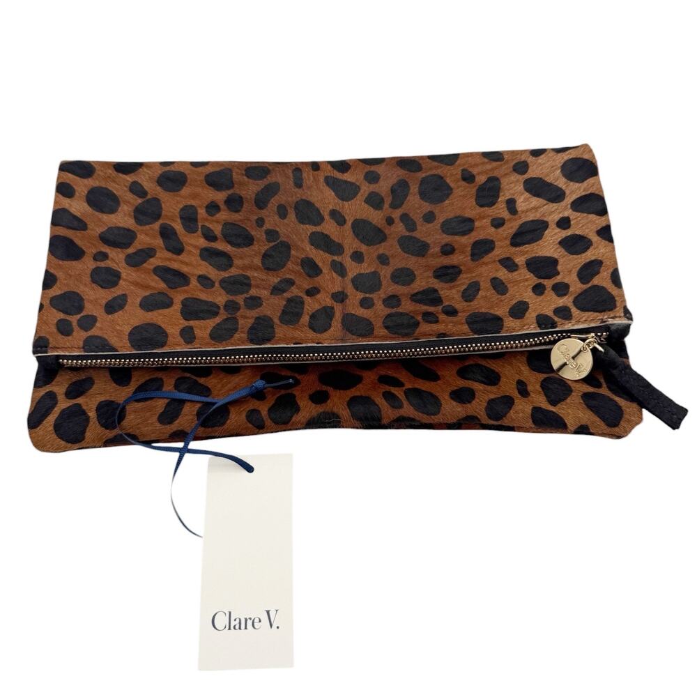 Clare Vivier Calf Hair Leopard Print Top Zip Foldover Clutch Handbag Brown Black - Picture 8 of 11